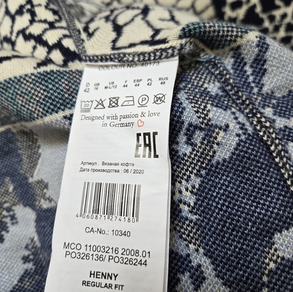 OLSEN Blue And Cream Heavyweight Cotton Blend Patterned Long Cardigan. Size 12 - Picture 11 of 15